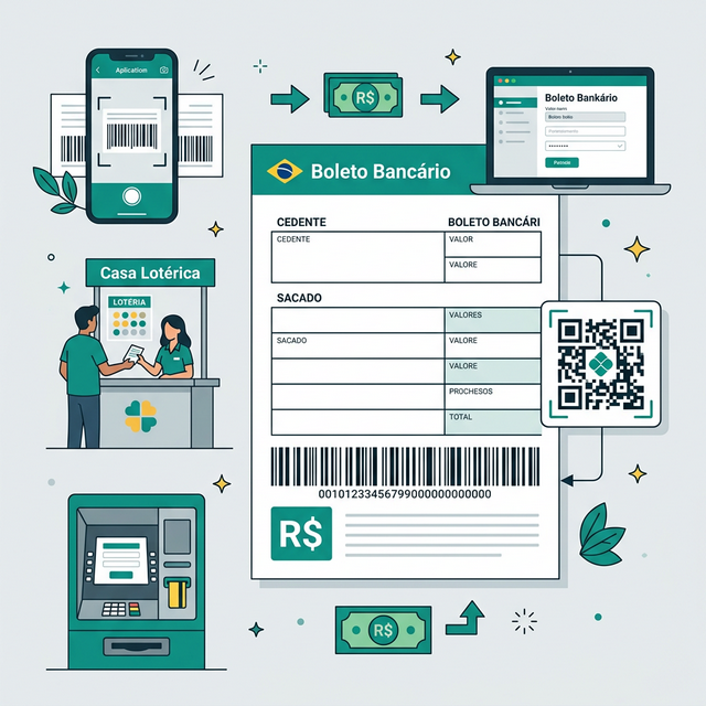 Ilustración de un Boleto Bancário brasileño con código de barras y opciones de pago digitales