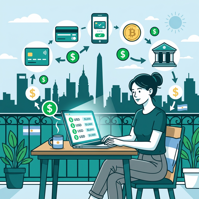 Freelancer argentino trabajando remotamente con pantalla mostrando pagos internacionales en dólares