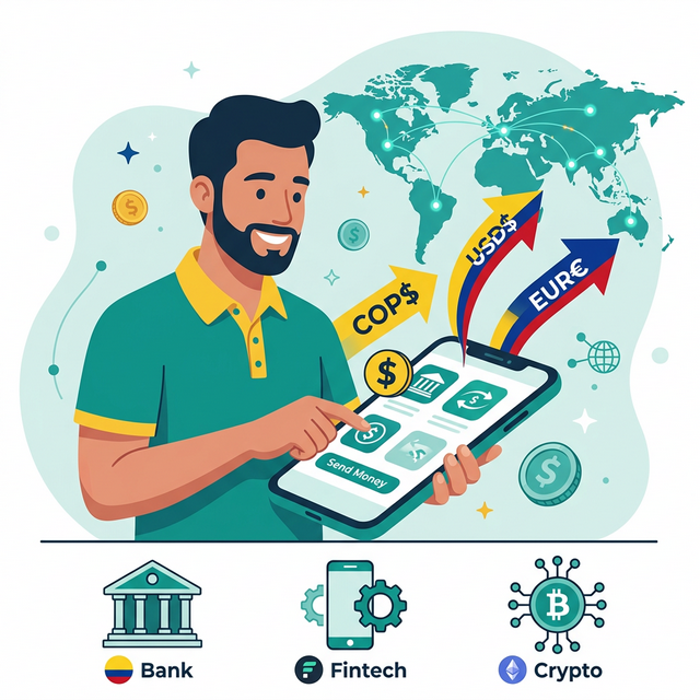 Enviar dinero desde Colombia al exterior — mapa con conexiones desde Colombia a otros países y billetes COP/USD