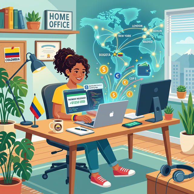 Freelancer colombiano recibiendo pagos internacionales en su computadora