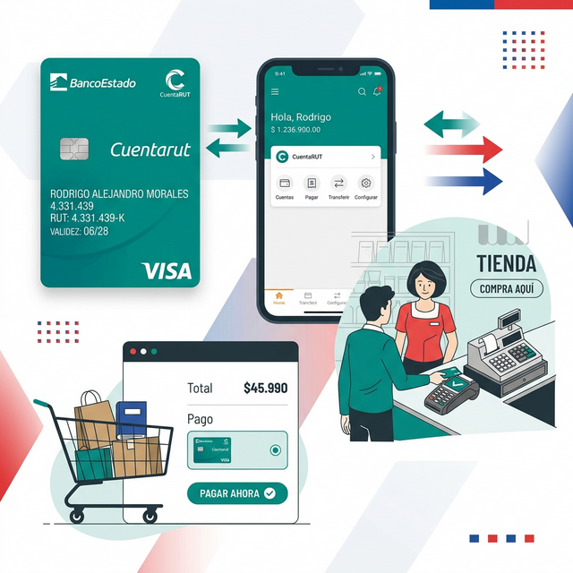 Tarjeta CuentaRUT de BancoEstado Chile con interfaz de pagos en línea y app móvil