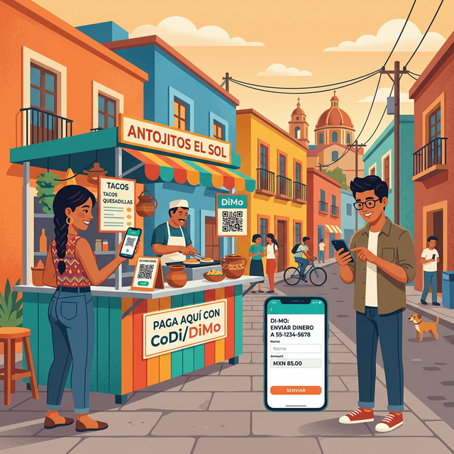 Persona pagando con código QR de CoDi/DiMo en un comercio mexicano