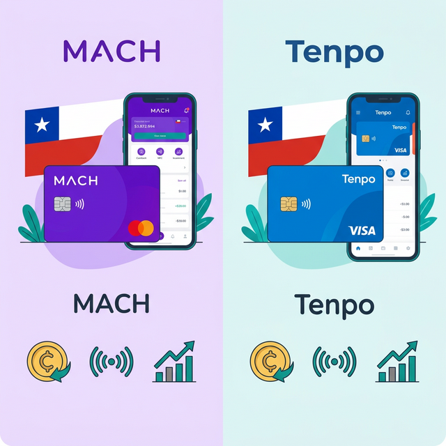 Comparación visual entre MACH y Tenpo, las dos principales tarjetas prepago digitales de Chile
