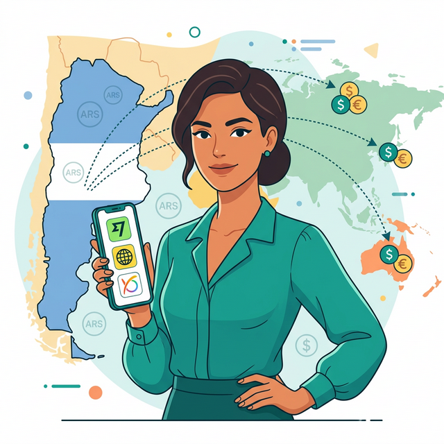 Apps para enviar dinero desde Argentina al exterior con banderas de destino y billetes de pesos y dólares