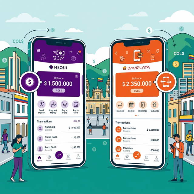Comparación visual entre las apps Nequi y Daviplata, las dos principales billeteras digitales de Colombia