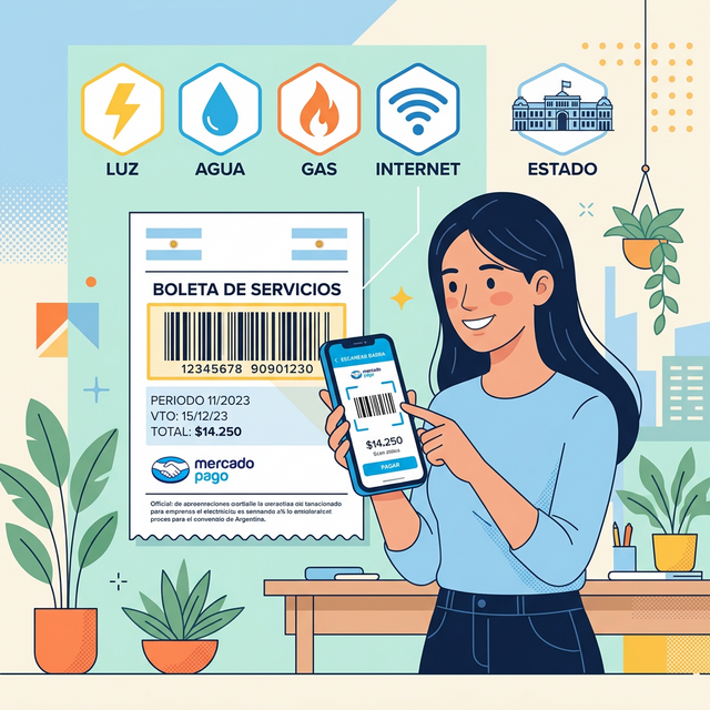 Pagar servicios con Mercado Pago en Argentina — celular escaneando facturas de luz, gas e internet
